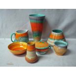 Shelley Drip Ware, orange and green, tall tapering Vase, 26cm high, conical Vase 13cm high, Milk
