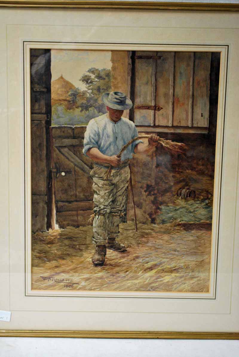 W A Rollason (British 19th/20th century), A Young Man in a Stable Interior holding a switch of