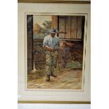 W A Rollason (British 19th/20th century), A Young Man in a Stable Interior holding a switch of