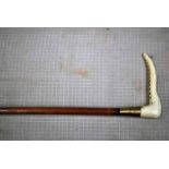 An Early 20th Cane Sword Stick, Antler Handle, 72cm blade in 89cm brass mounted cane scabbard
