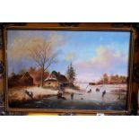 F Barnes (20th century) Dutch Winter Scene with figures skating on Frozen River, signed oil on board