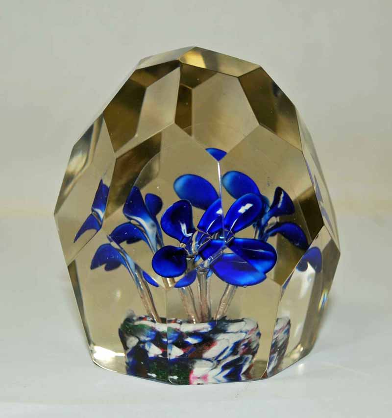 A Czech, Bohemian lampwork Paperweight with blue flowers, 9cm high