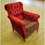 Easy Armchair late 19th century, reupholstered in a rich red velour with a carpet seat panel. The