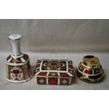 Royal Crown Derby 1128 Imari pattern: a Hand Bell, a Table Lighter and a covered Box (3)