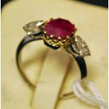 A ruby and diamond Ring, 2 X 1/4ct marquise cut diamond with central 2ct ruby, platinum band, size N