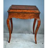 A Victorian burr walnut and inlaid Jardiniere on cabriole legs with removable cover and zinc
