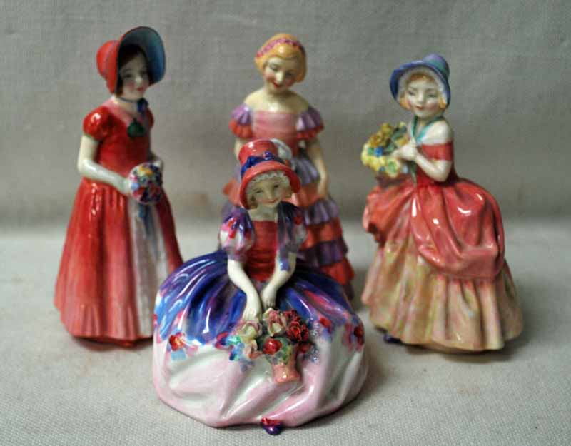 Royal Doulton, four small early 20th century figurines, Monica HN1467, Diana HN1996, Cissie HN1809