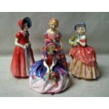 Royal Doulton, four small early 20th century figurines, Monica HN1467, Diana HN1996, Cissie HN1809
