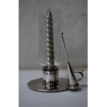 A John Dixon epns Chamber Light with glass chimney & extended snuffer, 22cm high