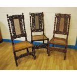 Three Jacobean style Oak Chairs. Having intricately carved back rails with cane panels above cane