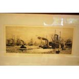W L Wyllie, a pair of early 20th century maritime engravings, Estuary and River Thames Scenes,