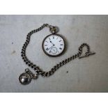 A silver Pocket Watch with white enamel dial, case marked London 1900, on graduated twisted link