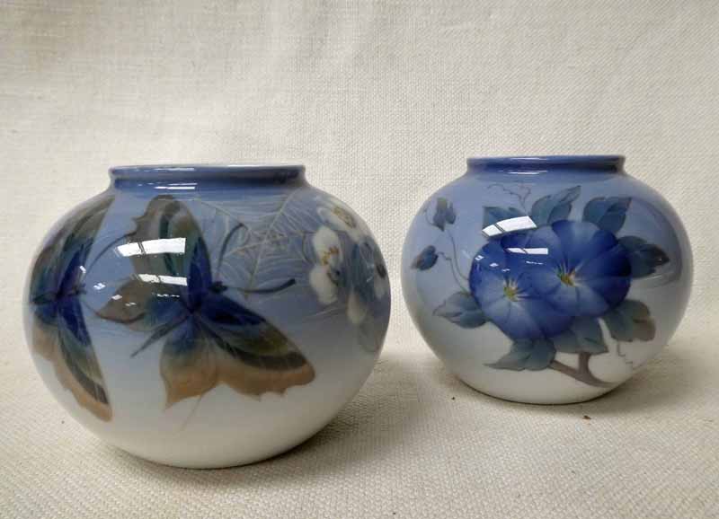 A pair of small Royal Copenhagen Vases, globular form decorated with butterflies and flowers,