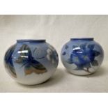 A pair of small Royal Copenhagen Vases, globular form decorated with butterflies and flowers,