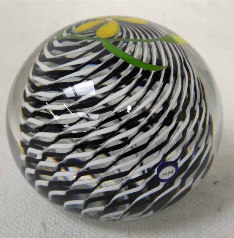 A Michael James Hunter, Twists Glass Studio Paperweight, limited edition 6 of 20, black and white