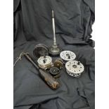 Six various Fly Reels inc ELO Bakelite 4' Reel, Fisherman's Priest and Fly Tying clamp stand (8)