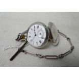 A ladies silver open face Fob Watch with plain white enamel dial, subsidiary seconds sweep dial on