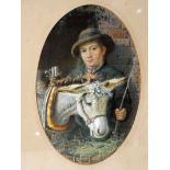 R P Richards (British 19th century), Boy with a Donkey, signed watercolour in oval mount, 22cm by