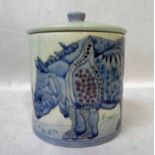 Sally Tuffin Dennis China Works a circular lidded Biscuit Barrel, tubeline decorated with