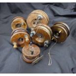 Six mahogany Fly Reels with brass fittings, ranging in diameter from 3' - 5' (6)