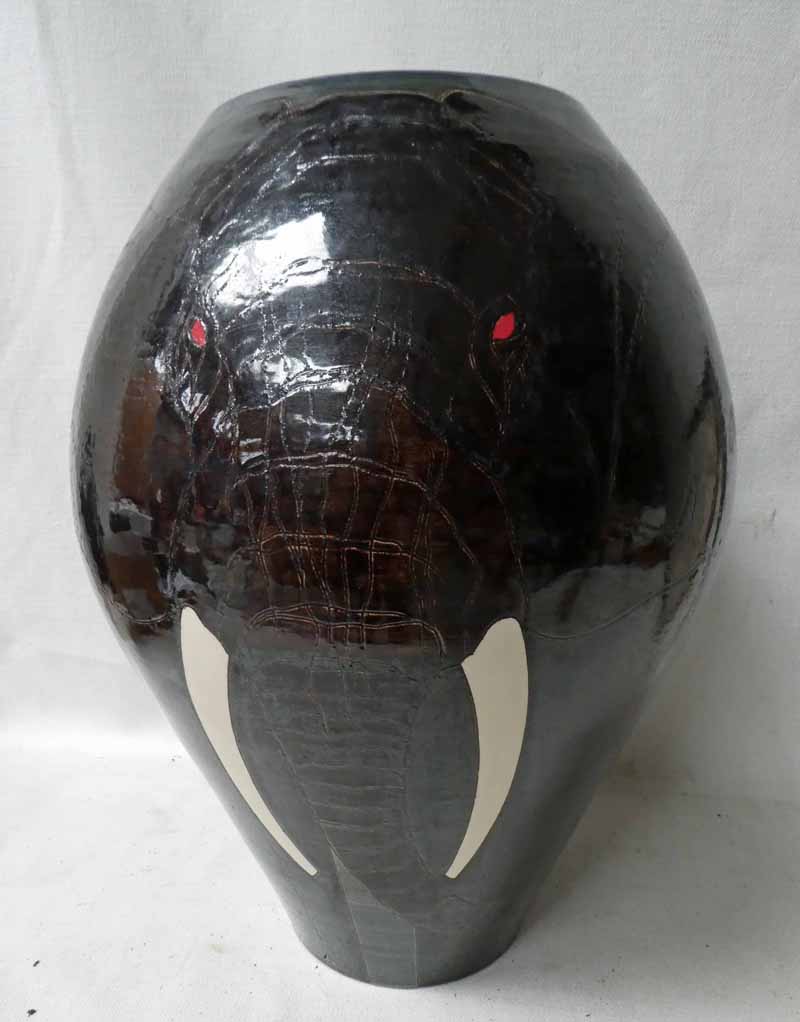 Sally Tuffin Dennis China Works, a large Elephant Vase, incised decoration depicting an elephant