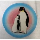 Sally Tuffin Dennis China Works, a small circular Plate, tubeline decorated with Penguins on a