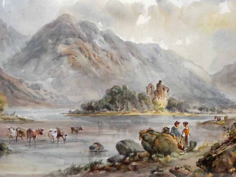 J W Ferguson (Scottish died 1915) exhibited at R.A Scottish Loch Landscape with figures to