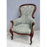 A Victorian mahogany show frame Parlour Chair, moulded spoon back upholstered back, arms and seat,