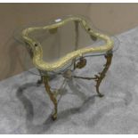A brass and glass Occasional Table, glass top and cast base, 47cm by 47cm by 45cm