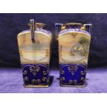 A pair of Japanese Noritake two-handled tapering square section vases in gilt highlighted cobalt