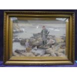 A impaste oil on canvas of Man and two Children Playing with a Pond Yacht on a Coast, signed