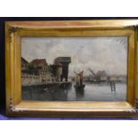 R Domba (Italian 19th century) Northern European Harbour Scene, signed oil on canvas, 49cm by 81cm