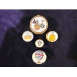 Five enamel and gilt and metal pill boxes, all with ballooning theme, one by Royal Worcester and