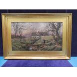 A 19th century framed watercolour, Rural Dwelling with Children Rabbiting with Dog, signed, J