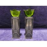 A pair of 19th century WMF Art Nouveau pewter Posy Holders with green glass liners, 17.5cm high