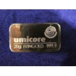 An Umicore Gold Bullion Bar, 20g Feingold, 999.9