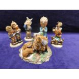 Four Hummel/Goebel Children, (three as found), a Goebel Boy Praying, a Goebel Family of Foxes (6)