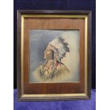 A genuine Navajo Indian Chief painting on canvas image, 53cm by 50cm