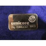 An Umicore Gold Bullion Bar, 20g Feingold, 999.9