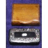 A mother of pearl inlaid and embossed rectangular snuff box, 6.5cm long and a plain treen example,