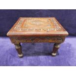 A 19th century carved oak Foot Stool, rectangular top on taper turned legs, 30cm wide by 25cm deep