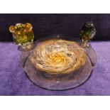 A large mid century swirl glass circular bowl, amber with amber and white mottled swirl, 46cm