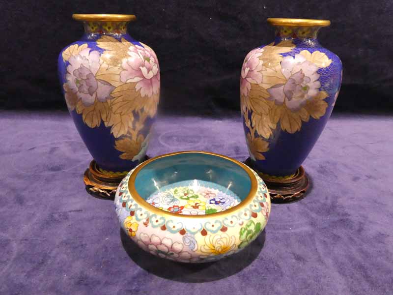 A pair of Jingfa cloisonne Vases, baluster form decorated with peony and prunus on cobalt blue and