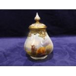A George V Royal Worcester Pot Pourri Vase and Cover, lobed tapering form, hand painted Cattle by