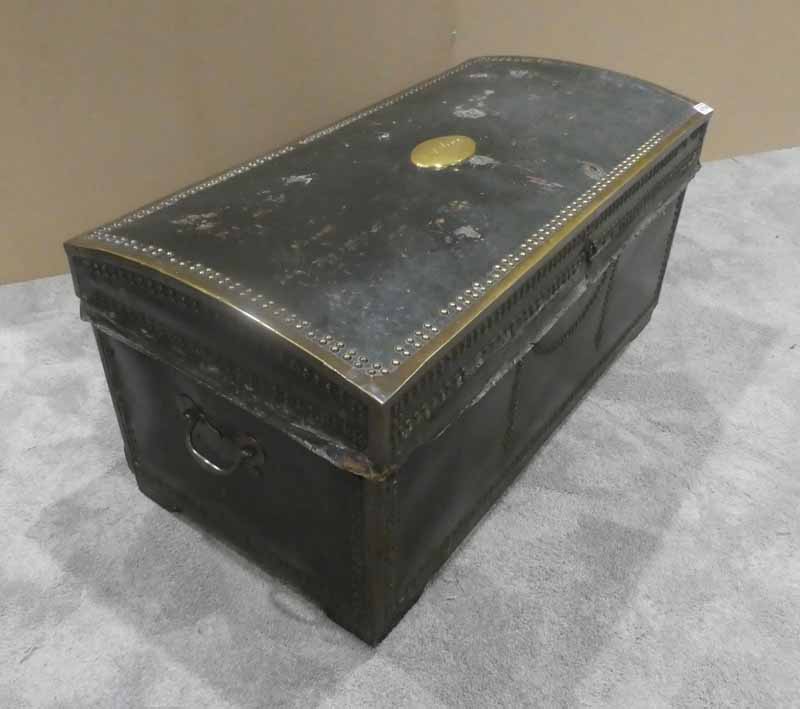 An 18th century dome top Coaching Trunk covered with green leather with brass corner trim and dome