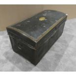 An 18th century dome top Coaching Trunk covered with green leather with brass corner trim and dome