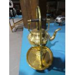 An Edwardian brass Spirit Kettle on stand with burner on oval tray base with loop handle, 37cm