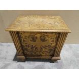 A sycamore storage box all covered with poker work decoration and fluted pilasters to front, 53cm by