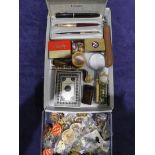 A tray of mixed Badges and Golly Wrist Watch and an assortment of Curios including Parker Maxima