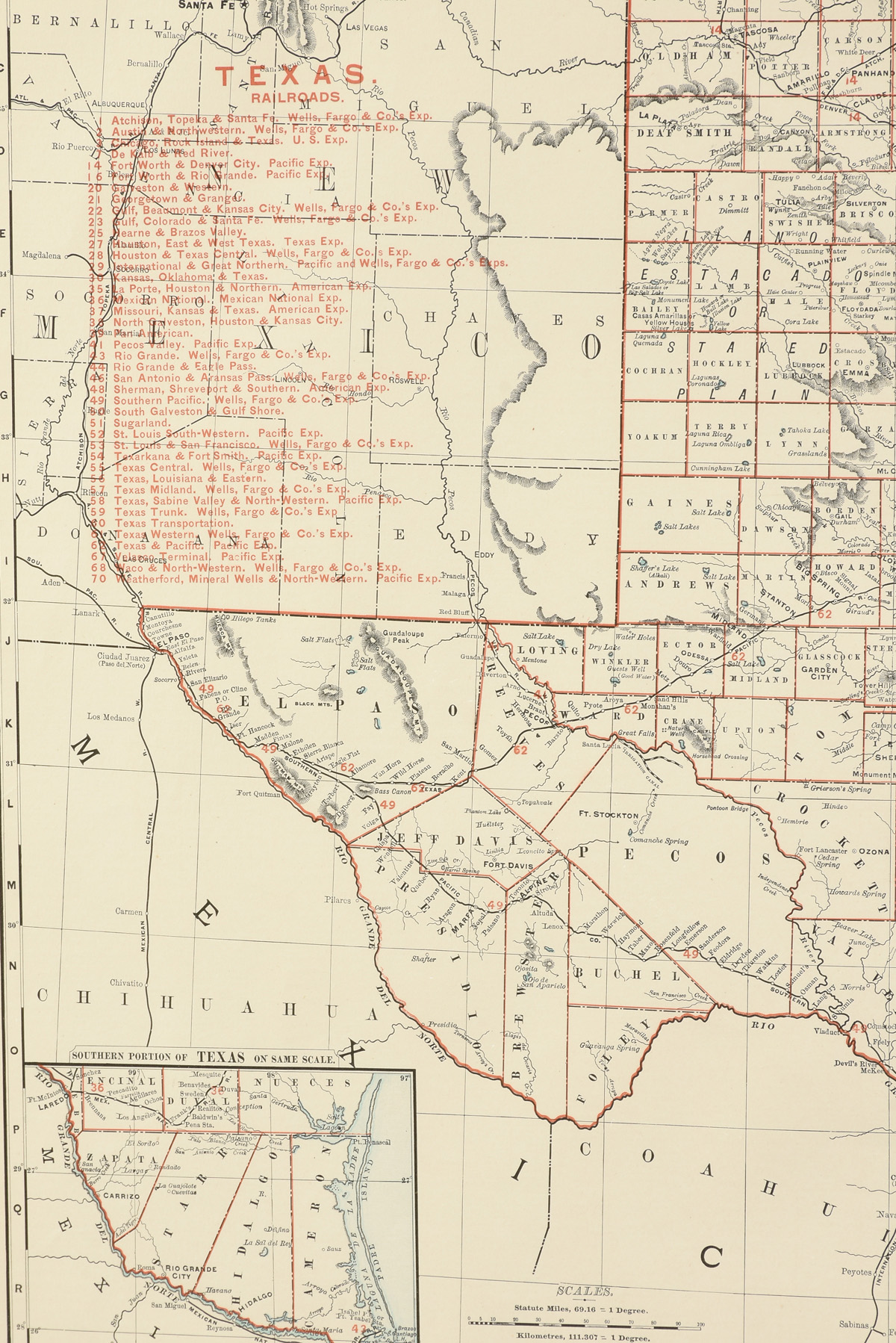 AN ANTIQUE MAP, "Rand McNally & Co.'s Texas," CHICAGO, CIRCA 1892, color engraving on paper, a - Image 5 of 7